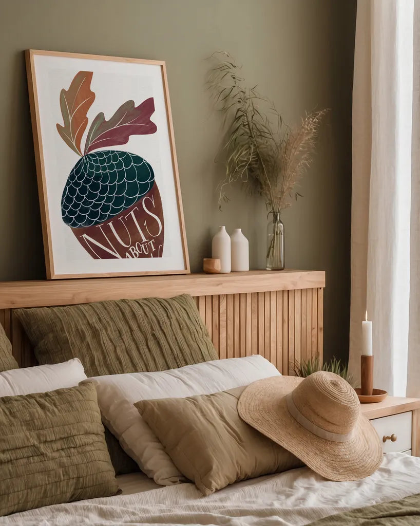 Nuts About You by Becky Thorns. shown as a paper print in a natural frame. Available as a archival giclee rolled canvas, fine art paper, or poster print. SKU 61418h.