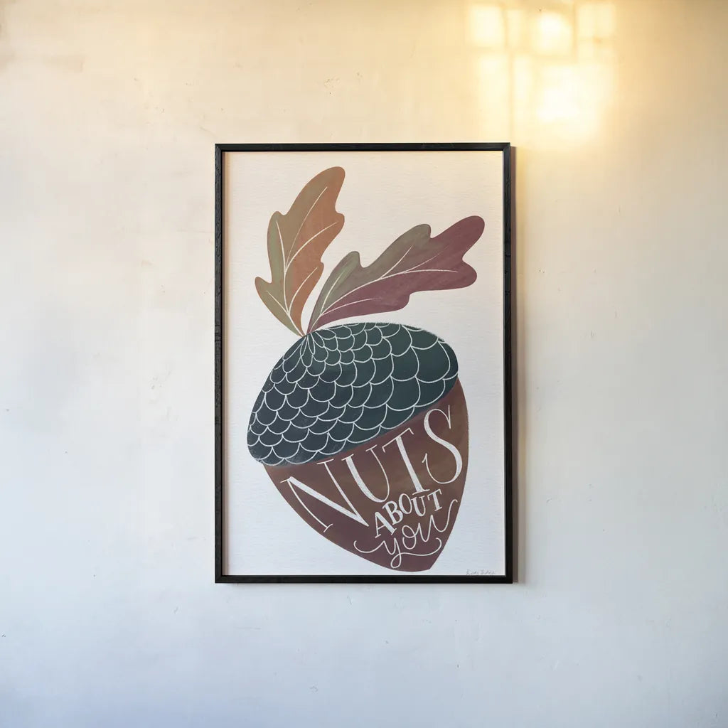 Nuts About You by Becky Thorns. shown as a paper print in a black flame. Available as a archival giclee rolled canvas, fine art paper, or poster print. SKU 61418h.