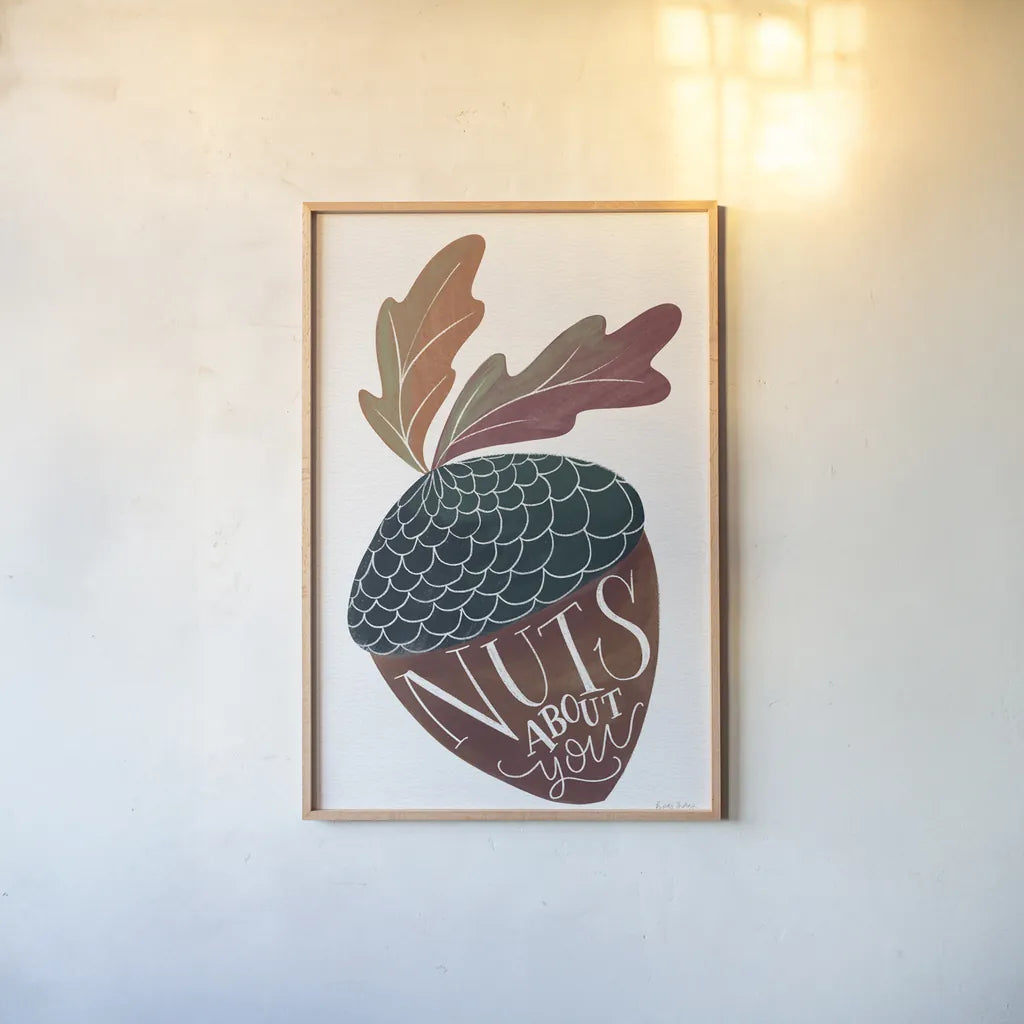 Nuts About You by Becky Thorns. shown as a paper print in a natural frame. Available as a archival giclee rolled canvas, fine art paper, or poster print. SKU 61418h.