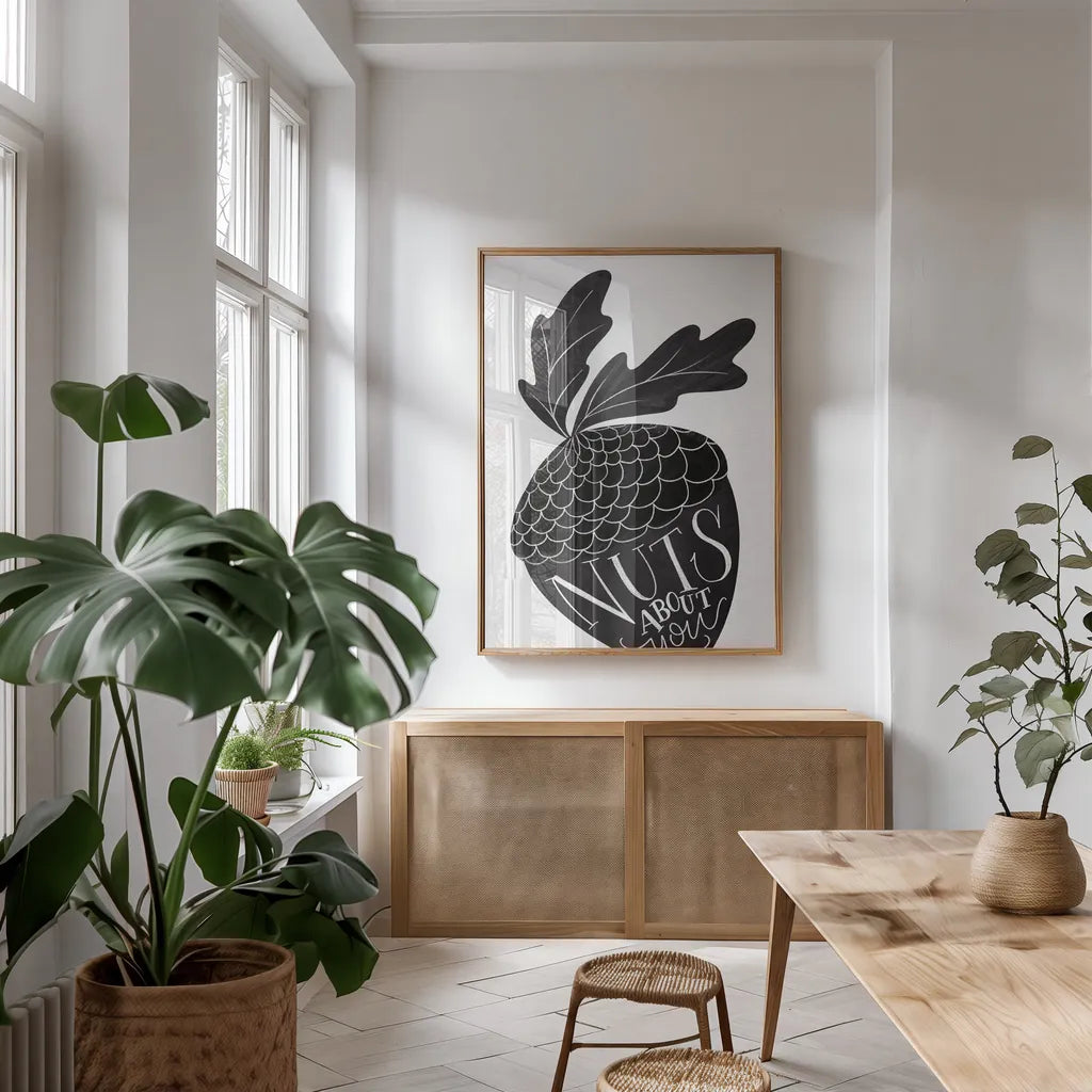 Nuts About You BW by Becky Thorns. shown as a print in a natural wood frame in a dining room. Available as a archival giclee rolled canvas, fine art paper, or poster print. SKU 61419h.
