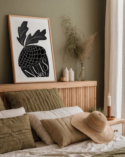 Nuts About You BW by Becky Thorns. shown as a paper print in a natural frame. Available as a archival giclee rolled canvas, fine art paper, or poster print. SKU 61419h.