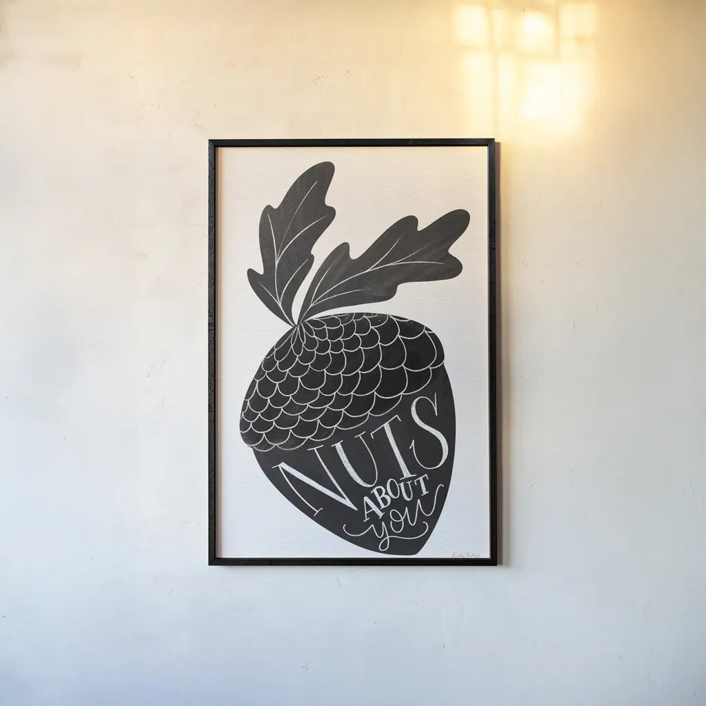 Nuts About You BW by Becky Thorns. shown as a paper print in a black flame. Available as a archival giclee rolled canvas, fine art paper, or poster print. SKU 61419h.