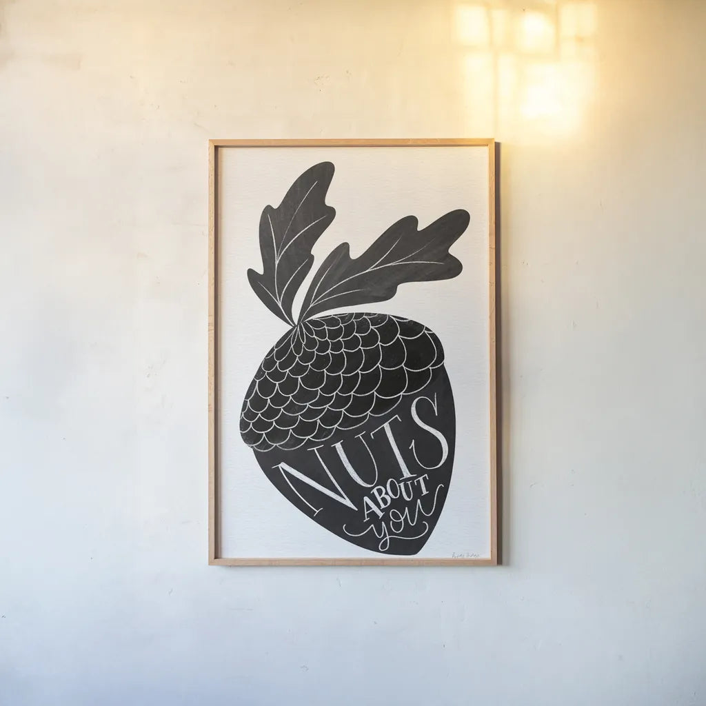 Nuts About You BW by Becky Thorns. shown as a paper print in a natural frame. Available as a archival giclee rolled canvas, fine art paper, or poster print. SKU 61419h.