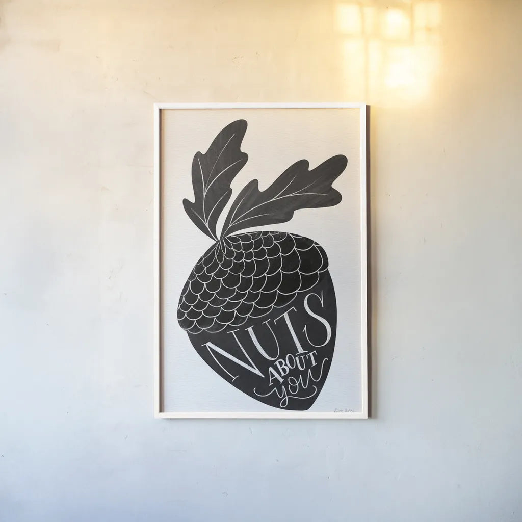 Nuts About You BW by Becky Thorns. shown as a paper print in a white frame. Available as a archival giclee rolled canvas, fine art paper, or poster print. SKU 61419h.