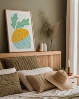 Nuts About You Bright by Becky Thorns. shown as a paper print in a natural frame. Available as a archival giclee rolled canvas, fine art paper, or poster print. SKU 65035h.