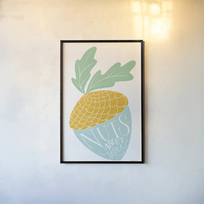 Nuts About You Bright by Becky Thorns. shown as a paper print in a black flame. Available as a archival giclee rolled canvas, fine art paper, or poster print. SKU 65035h.