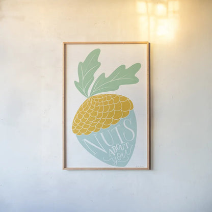 Nuts About You Bright by Becky Thorns. shown as a paper print in a natural frame. Available as a archival giclee rolled canvas, fine art paper, or poster print. SKU 65035h.