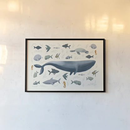 Ocean Life by Becky Thorns. shown as a paper print in a black flame. Available as a archival giclee rolled canvas, fine art paper, or poster print. SKU 54178i.