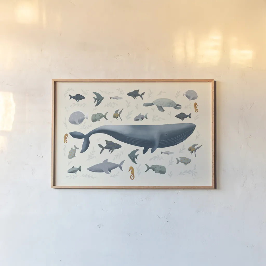 Ocean Life by Becky Thorns. shown as a paper print in a natural frame. Available as a archival giclee rolled canvas, fine art paper, or poster print. SKU 54178i.