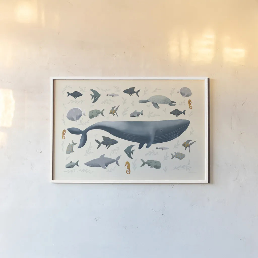 Ocean Life by Becky Thorns. shown as a paper print in a white frame. Available as a archival giclee rolled canvas, fine art paper, or poster print. SKU 54178i.