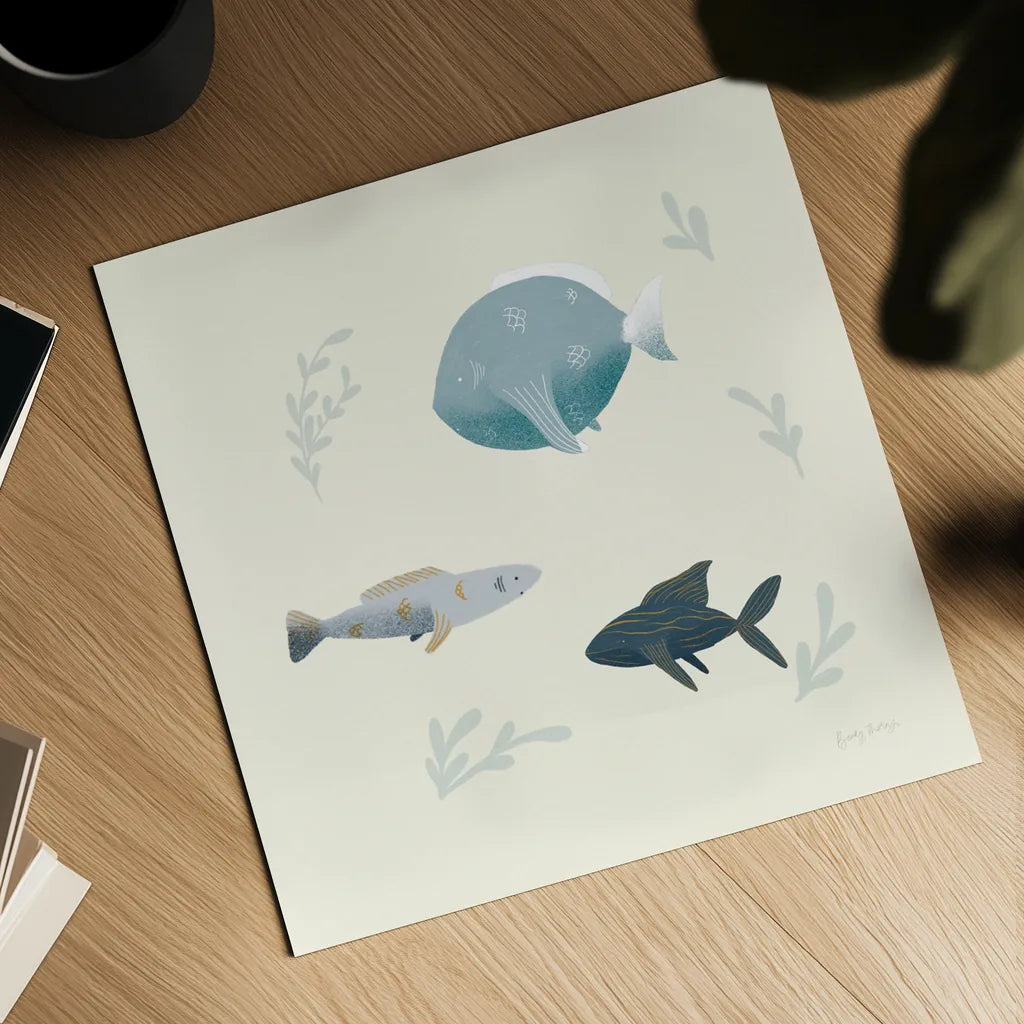 Ocean Life Fish by Becky Thorns. Shown as a detailed flat fine art print, highlighting archival giclee quality. Available as an archival giclee rolled canvas, fine art paper, or poster print. SKU 54182a.