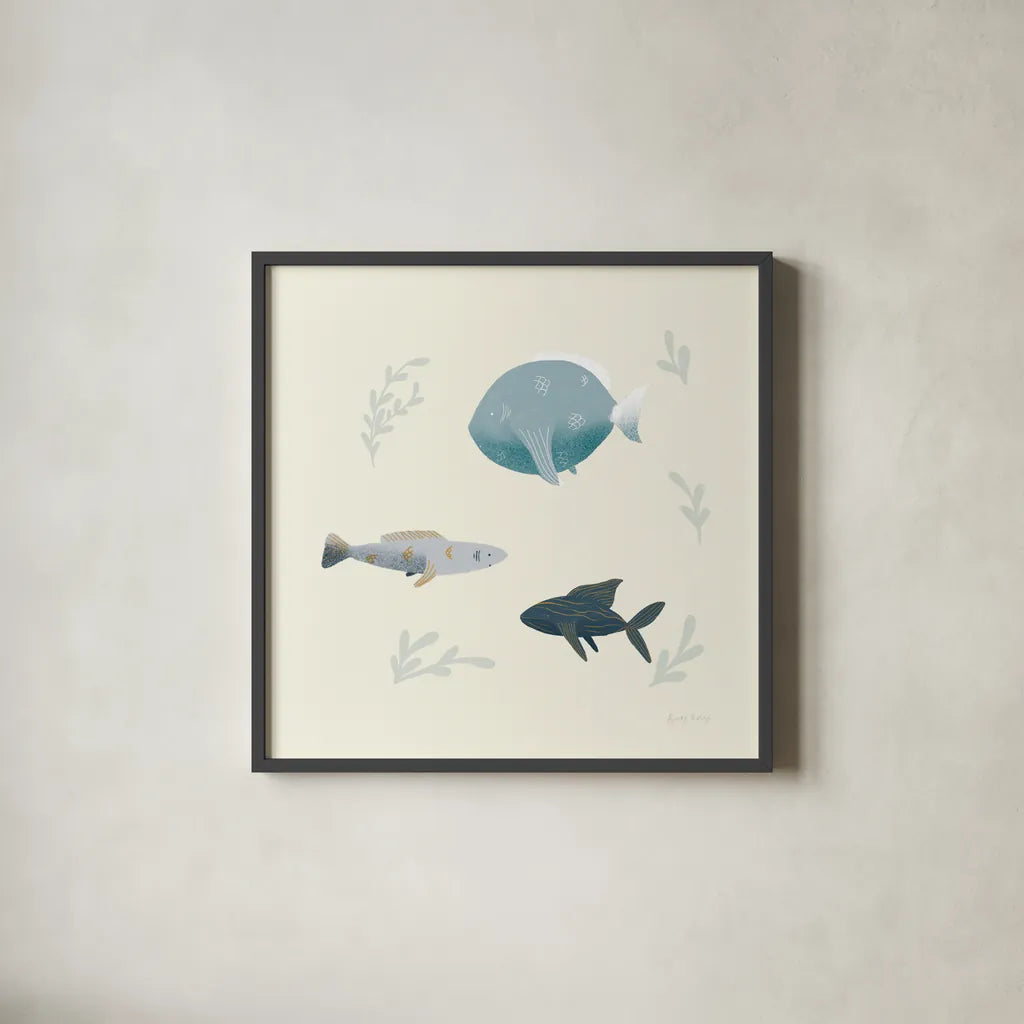Ocean Life Fish by Becky Thorns. Shown in a sleek black glass frame for a contemporary gallery look. Available as an archival giclee rolled canvas, fine art paper, or poster print. SKU 54182a.