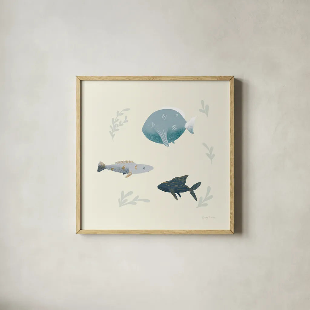 Ocean Life Fish by Becky Thorns. Shown in a natural wood glass frame for a timeless modern aesthetic. Available as an archival giclee rolled canvas, fine art paper, or poster print. SKU 54182a.