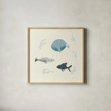 Ocean Life Fish by Becky Thorns. Shown in a natural wood glass frame for a timeless modern aesthetic. Available as an archival giclee rolled canvas, fine art paper, or poster print. SKU 54182a.