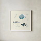 Ocean Life Fish by Becky Thorns. Shown in a crisp white glass frame for a clean and minimalist style. Available as an archival giclee rolled canvas, fine art paper, or poster print. SKU 54182a.