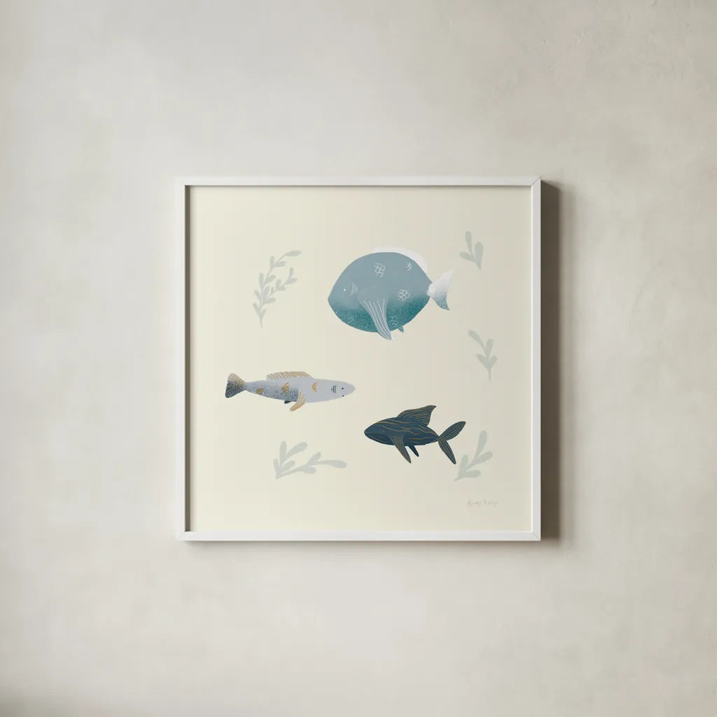 Ocean Life Fish by Becky Thorns. Shown in a crisp white glass frame for a clean and minimalist style. Available as an archival giclee rolled canvas, fine art paper, or poster print. SKU 54182a.