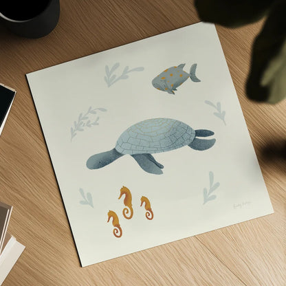 Ocean Life Sea Turtle by Becky Thorns. Shown as a detailed flat fine art print, highlighting archival giclee quality. Available as an archival giclee rolled canvas, fine art paper, or poster print. SKU 54183a.