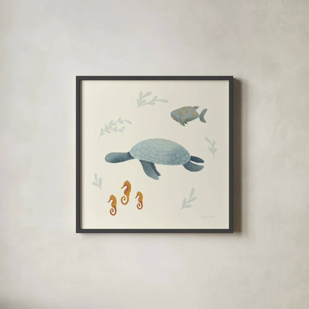 Ocean Life Sea Turtle by Becky Thorns. Shown in a sleek black glass frame for a contemporary gallery look. Available as an archival giclee rolled canvas, fine art paper, or poster print. SKU 54183a.