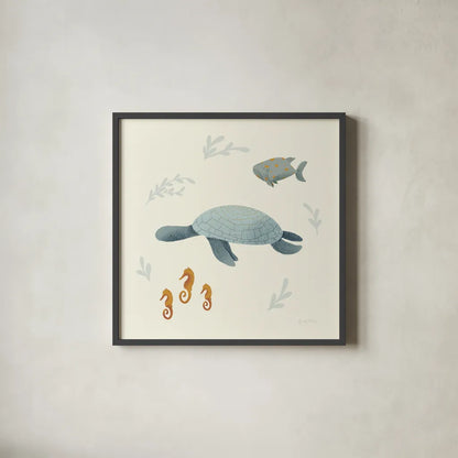 Ocean Life Sea Turtle by Becky Thorns. Shown in a sleek black glass frame for a contemporary gallery look. Available as an archival giclee rolled canvas, fine art paper, or poster print. SKU 54183a.