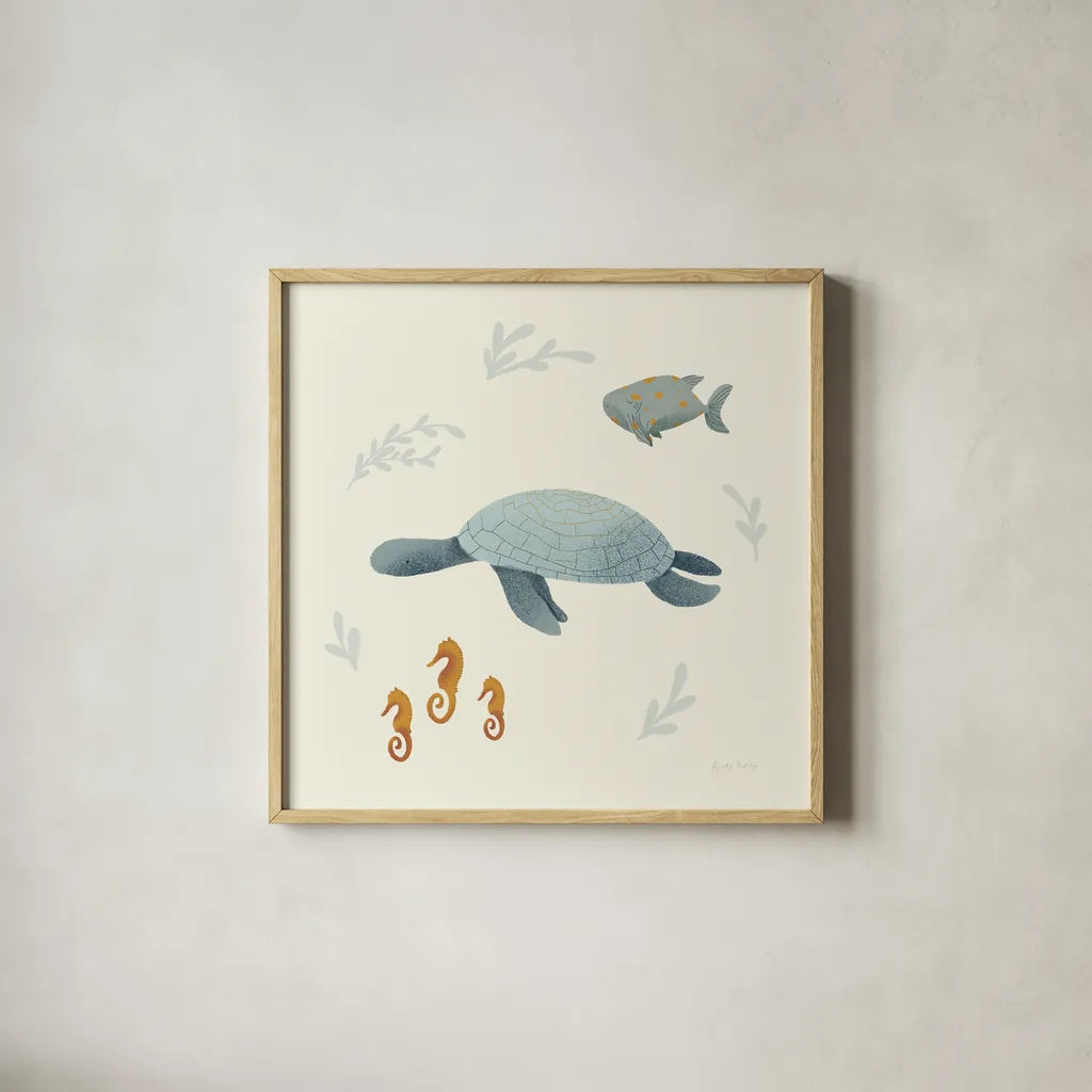 Ocean Life Sea Turtle by Becky Thorns. Shown in a natural wood glass frame for a timeless modern aesthetic. Available as an archival giclee rolled canvas, fine art paper, or poster print. SKU 54183a.
