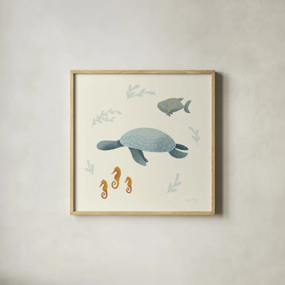 Ocean Life Sea Turtle by Becky Thorns. Shown in a natural wood glass frame for a timeless modern aesthetic. Available as an archival giclee rolled canvas, fine art paper, or poster print. SKU 54183a.