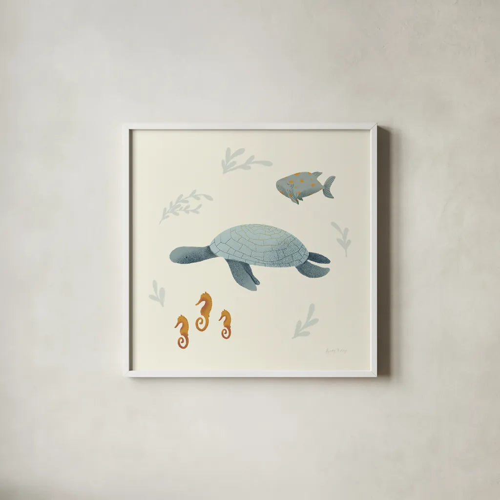 Ocean Life Sea Turtle by Becky Thorns. Shown in a crisp white glass frame for a clean and minimalist style. Available as an archival giclee rolled canvas, fine art paper, or poster print. SKU 54183a.