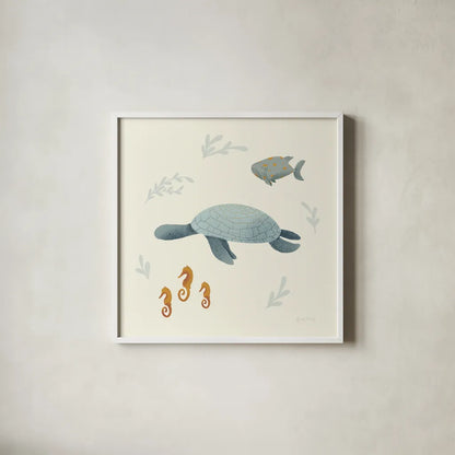 Ocean Life Sea Turtle by Becky Thorns. Shown in a crisp white glass frame for a clean and minimalist style. Available as an archival giclee rolled canvas, fine art paper, or poster print. SKU 54183a.