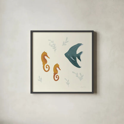 Ocean Life Seahorses by Becky Thorns. Shown in a sleek black glass frame for a contemporary gallery look. Available as an archival giclee rolled canvas, fine art paper, or poster print. SKU 54181a.