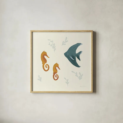 Ocean Life Seahorses by Becky Thorns. Shown in a natural wood glass frame for a timeless modern aesthetic. Available as an archival giclee rolled canvas, fine art paper, or poster print. SKU 54181a.