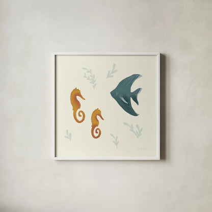 Ocean Life Seahorses by Becky Thorns. Shown in a crisp white glass frame for a clean and minimalist style. Available as an archival giclee rolled canvas, fine art paper, or poster print. SKU 54181a.