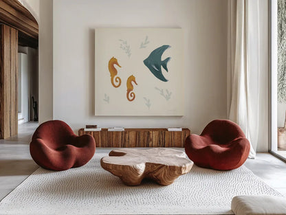 Ocean Life Seahorses by Becky Thorns. Shown as extra-large giant wall art in a modern living room. Available as an archival giclee rolled canvas, fine art paper, or poster print. SKU 54181a.