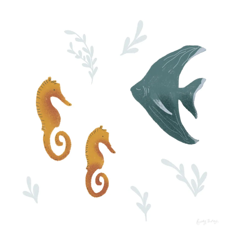 Ocean Life Seahorses on White by Becky Thorns. SKU 56477a. Archival Giclee Fine art print for wall decor.