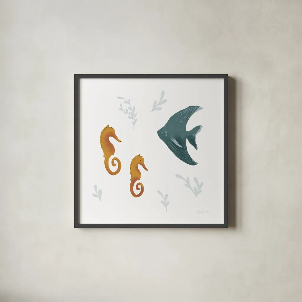 Ocean Life Seahorses on White by Becky Thorns. Shown in a sleek black glass frame for a contemporary gallery look. Available as an archival giclee rolled canvas, fine art paper, or poster print. SKU 56477a.