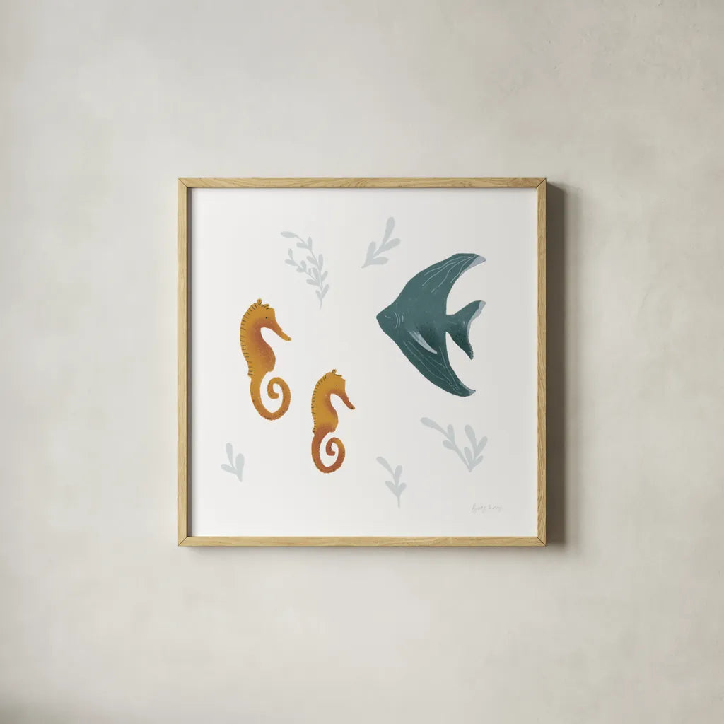 Ocean Life Seahorses on White by Becky Thorns. Shown in a natural wood glass frame for a timeless modern aesthetic. Available as an archival giclee rolled canvas, fine art paper, or poster print. SKU 56477a.