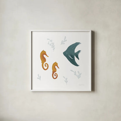 Ocean Life Seahorses on White by Becky Thorns. Shown in a crisp white glass frame for a clean and minimalist style. Available as an archival giclee rolled canvas, fine art paper, or poster print. SKU 56477a.