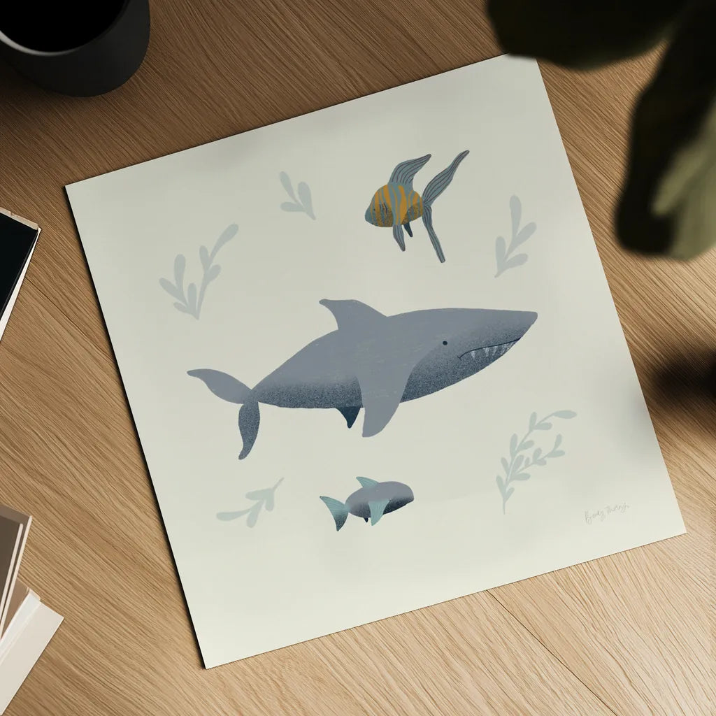 Ocean Life Shark by Becky Thorns. Shown as a detailed flat fine art print, highlighting archival giclee quality. Available as an archival giclee rolled canvas, fine art paper, or poster print. SKU 54180a.