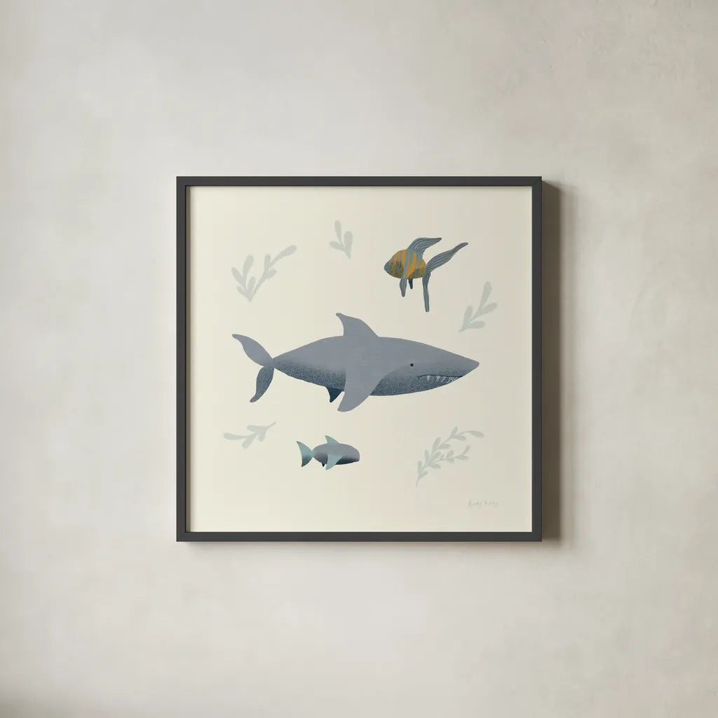 Ocean Life Shark by Becky Thorns. Shown in a sleek black glass frame for a contemporary gallery look. Available as an archival giclee rolled canvas, fine art paper, or poster print. SKU 54180a.