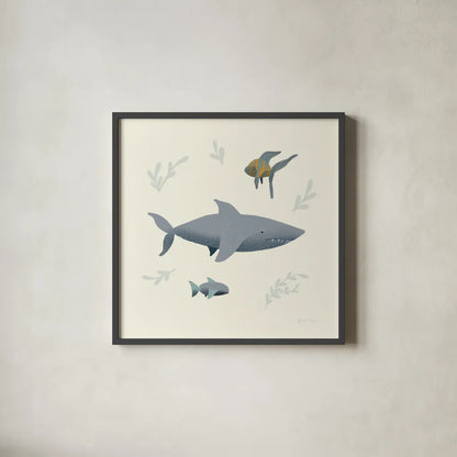 Ocean Life Shark by Becky Thorns. Shown in a sleek black glass frame for a contemporary gallery look. Available as an archival giclee rolled canvas, fine art paper, or poster print. SKU 54180a.