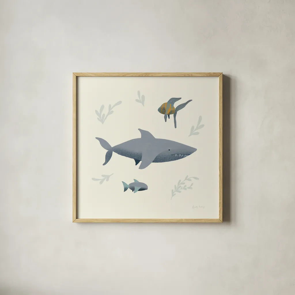 Ocean Life Shark by Becky Thorns. Shown in a natural wood glass frame for a timeless modern aesthetic. Available as an archival giclee rolled canvas, fine art paper, or poster print. SKU 54180a.