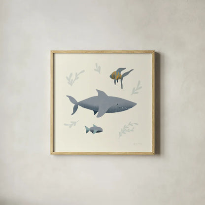 Ocean Life Shark by Becky Thorns. Shown in a natural wood glass frame for a timeless modern aesthetic. Available as an archival giclee rolled canvas, fine art paper, or poster print. SKU 54180a.