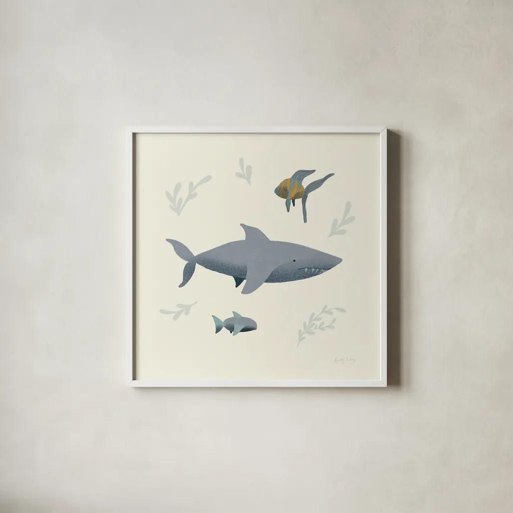 Ocean Life Shark by Becky Thorns. Shown in a crisp white glass frame for a clean and minimalist style. Available as an archival giclee rolled canvas, fine art paper, or poster print. SKU 54180a.