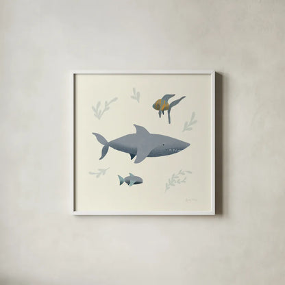 Ocean Life Shark by Becky Thorns. Shown in a crisp white glass frame for a clean and minimalist style. Available as an archival giclee rolled canvas, fine art paper, or poster print. SKU 54180a.