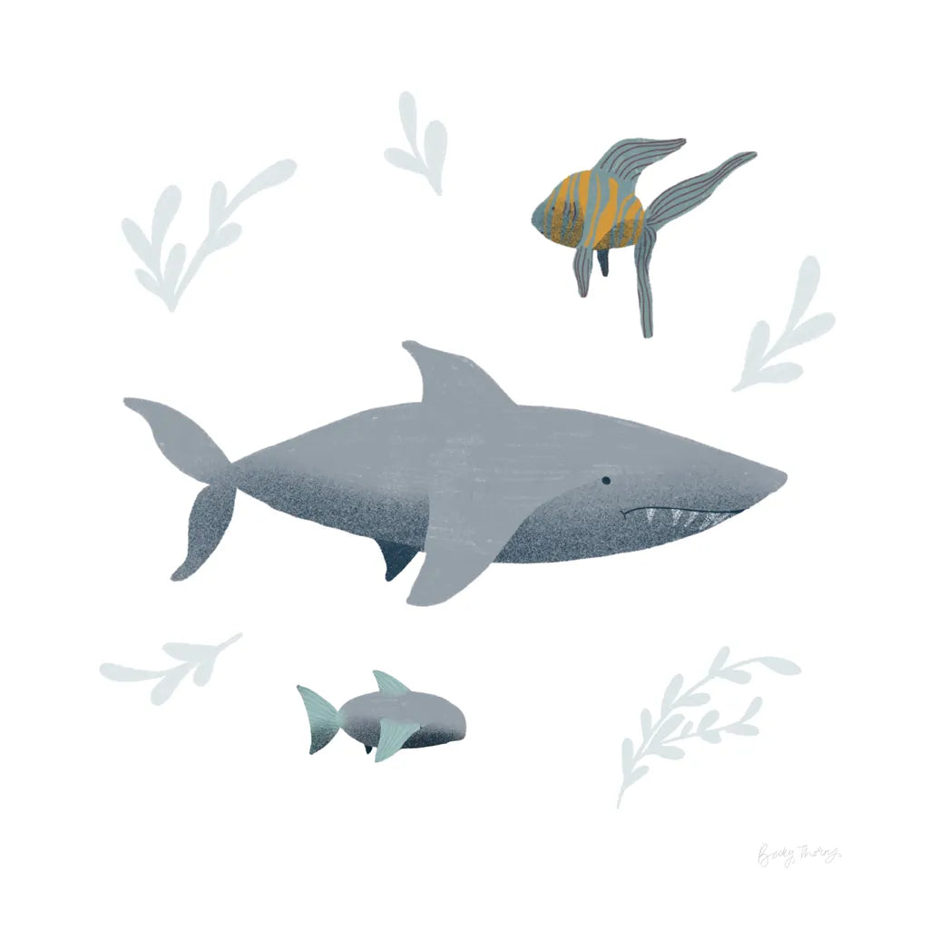 Ocean Life Shark on White by Becky Thorns. SKU 56476a. Archival Giclee Fine art print for wall decor.
