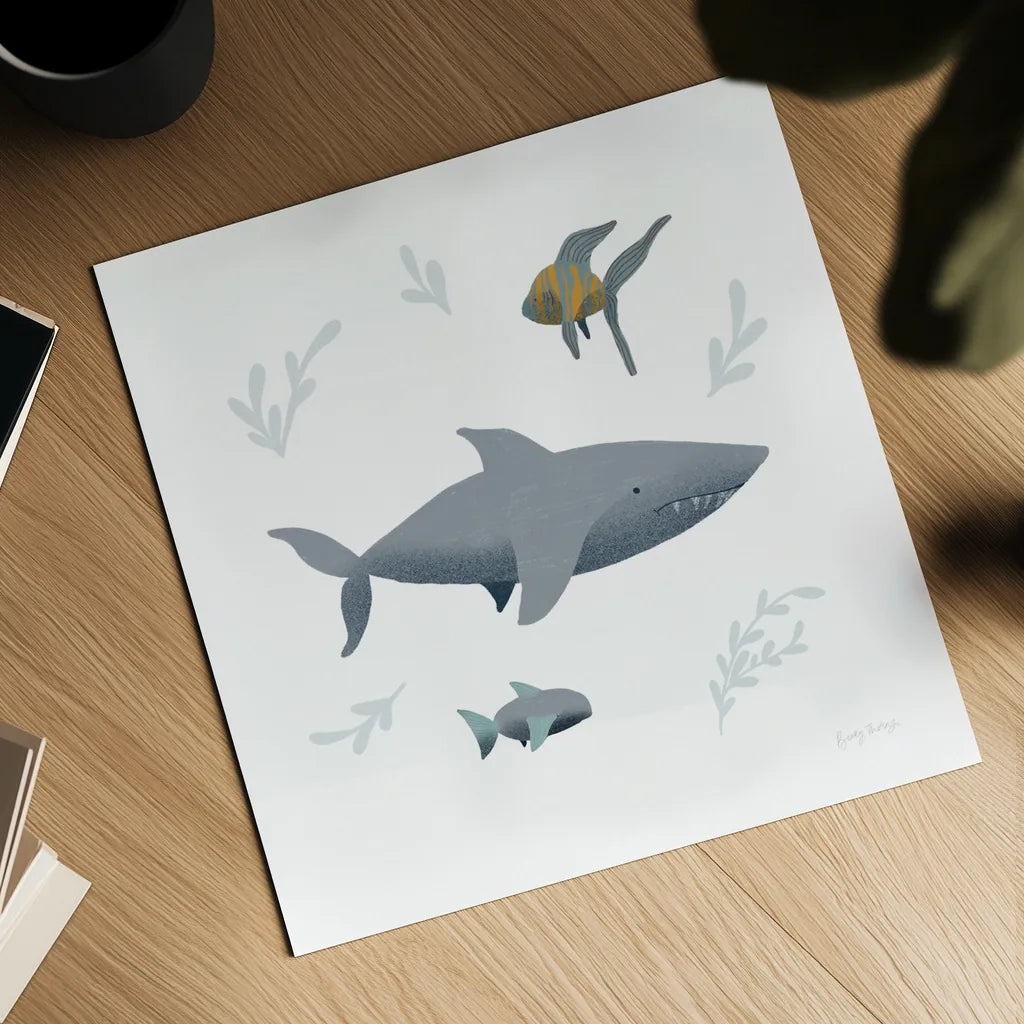 Ocean Life Shark on White by Becky Thorns. Shown as a detailed flat fine art print, highlighting archival giclee quality. Available as an archival giclee rolled canvas, fine art paper, or poster print. SKU 56476a.
