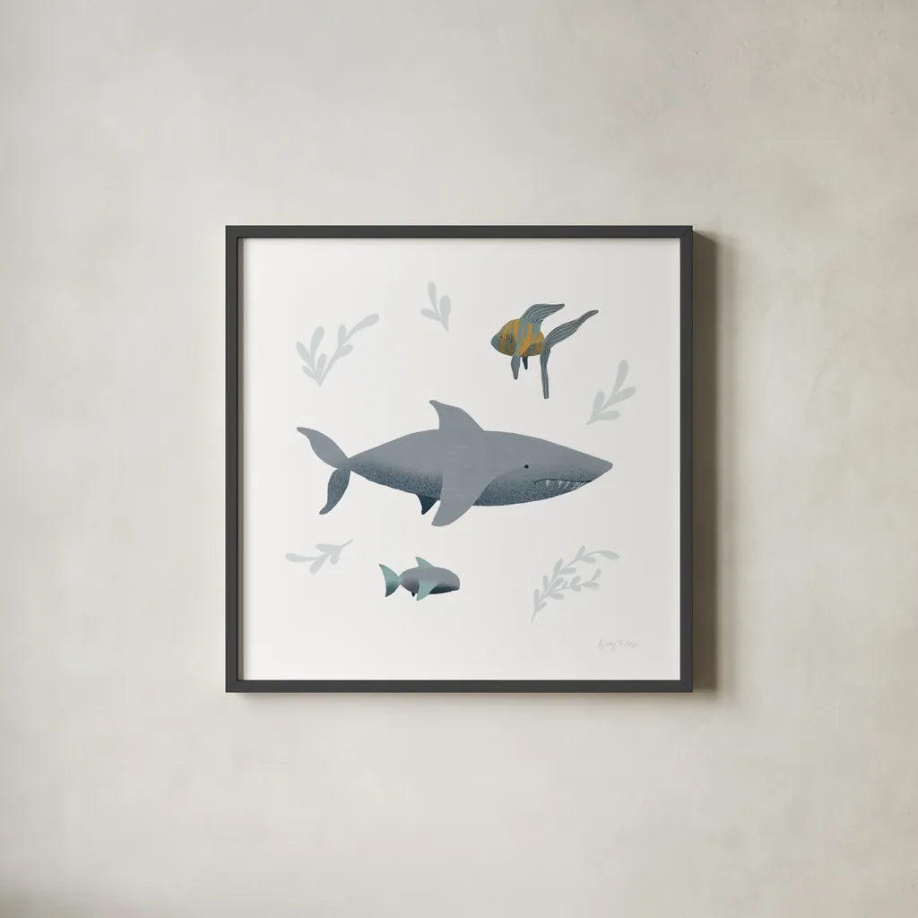 Ocean Life Shark on White by Becky Thorns. Shown in a sleek black glass frame for a contemporary gallery look. Available as an archival giclee rolled canvas, fine art paper, or poster print. SKU 56476a.