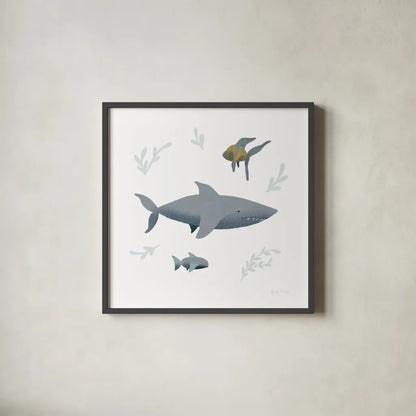 Ocean Life Shark on White by Becky Thorns. Shown in a sleek black glass frame for a contemporary gallery look. Available as an archival giclee rolled canvas, fine art paper, or poster print. SKU 56476a.