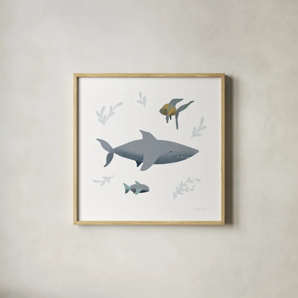 Ocean Life Shark on White by Becky Thorns. Shown in a natural wood glass frame for a timeless modern aesthetic. Available as an archival giclee rolled canvas, fine art paper, or poster print. SKU 56476a.