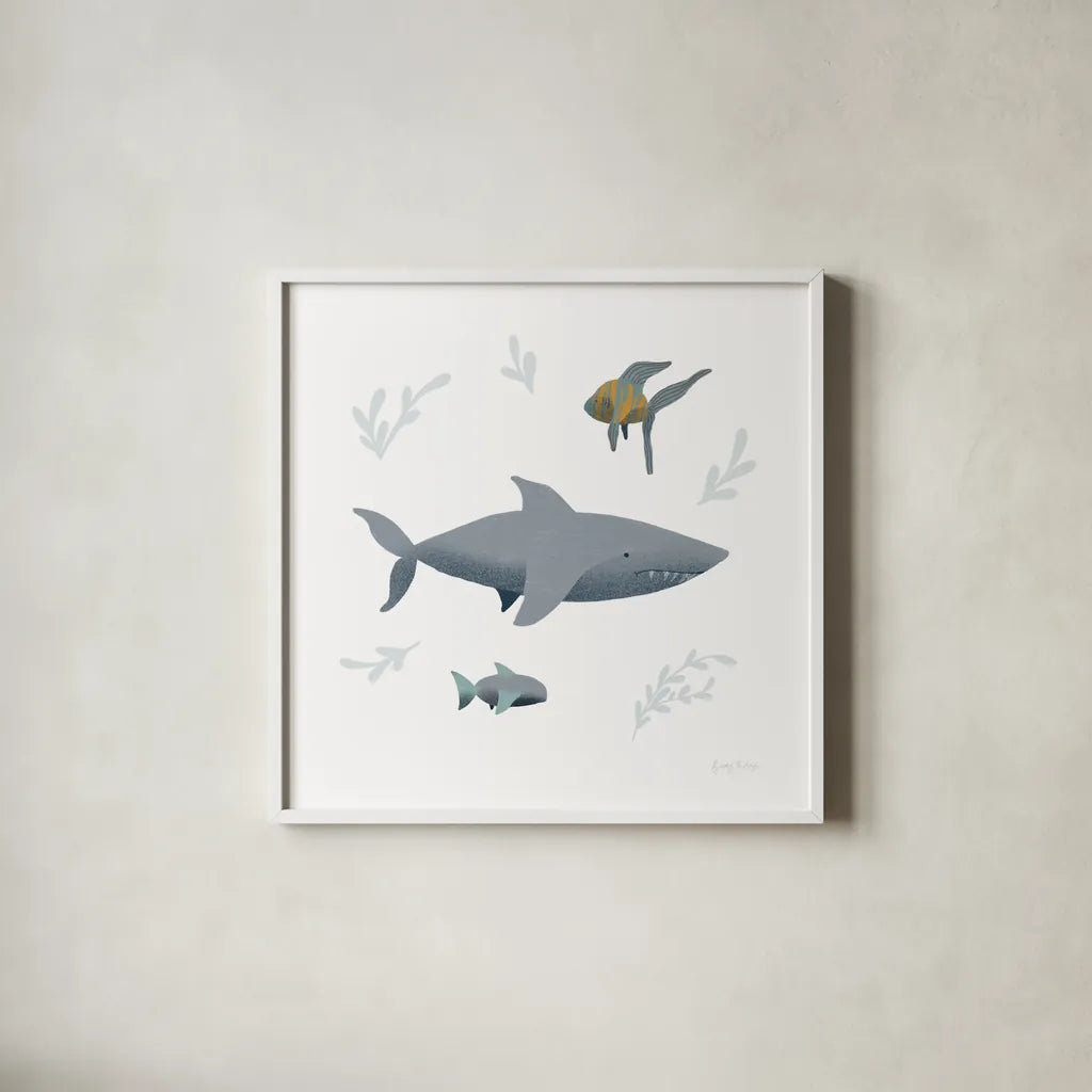Ocean Life Shark on White by Becky Thorns. Shown in a crisp white glass frame for a clean and minimalist style. Available as an archival giclee rolled canvas, fine art paper, or poster print. SKU 56476a.