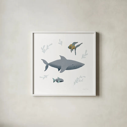 Ocean Life Shark on White by Becky Thorns. Shown in a crisp white glass frame for a clean and minimalist style. Available as an archival giclee rolled canvas, fine art paper, or poster print. SKU 56476a.