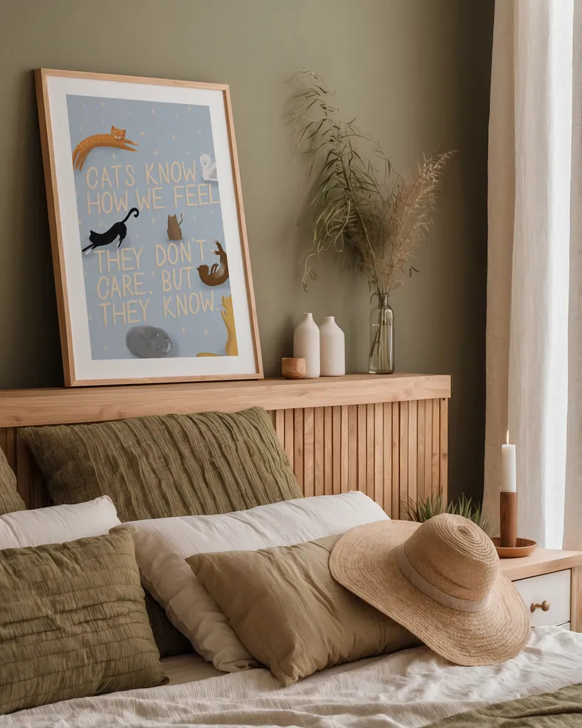 Ode to Cats by Becky Thorns. shown as a paper print in a natural frame. Available as a archival giclee rolled canvas, fine art paper, or poster print. SKU 57368h.